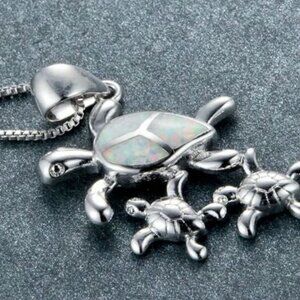 New - White Fire Opal Turtle With Babies Silver Pendant - Includes a Chain